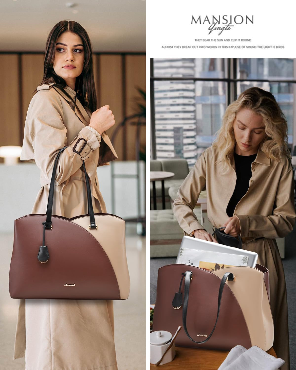 17 Inch Laptop Tote Bag for Women, Work Bags Laptop Bag Teacher Tote Bag, Leather Computer Bag Large Purses Handbag Professional Briefcase, Coffee-Light Brown-Black