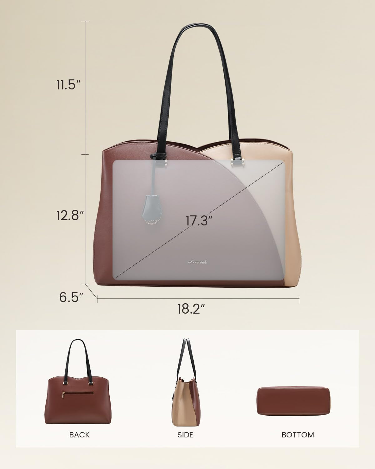17 Inch Laptop Tote Bag for Women, Work Bags Laptop Bag Teacher Tote Bag, Leather Computer Bag Large Purses Handbag Professional Briefcase, Coffee-Light Brown-Black