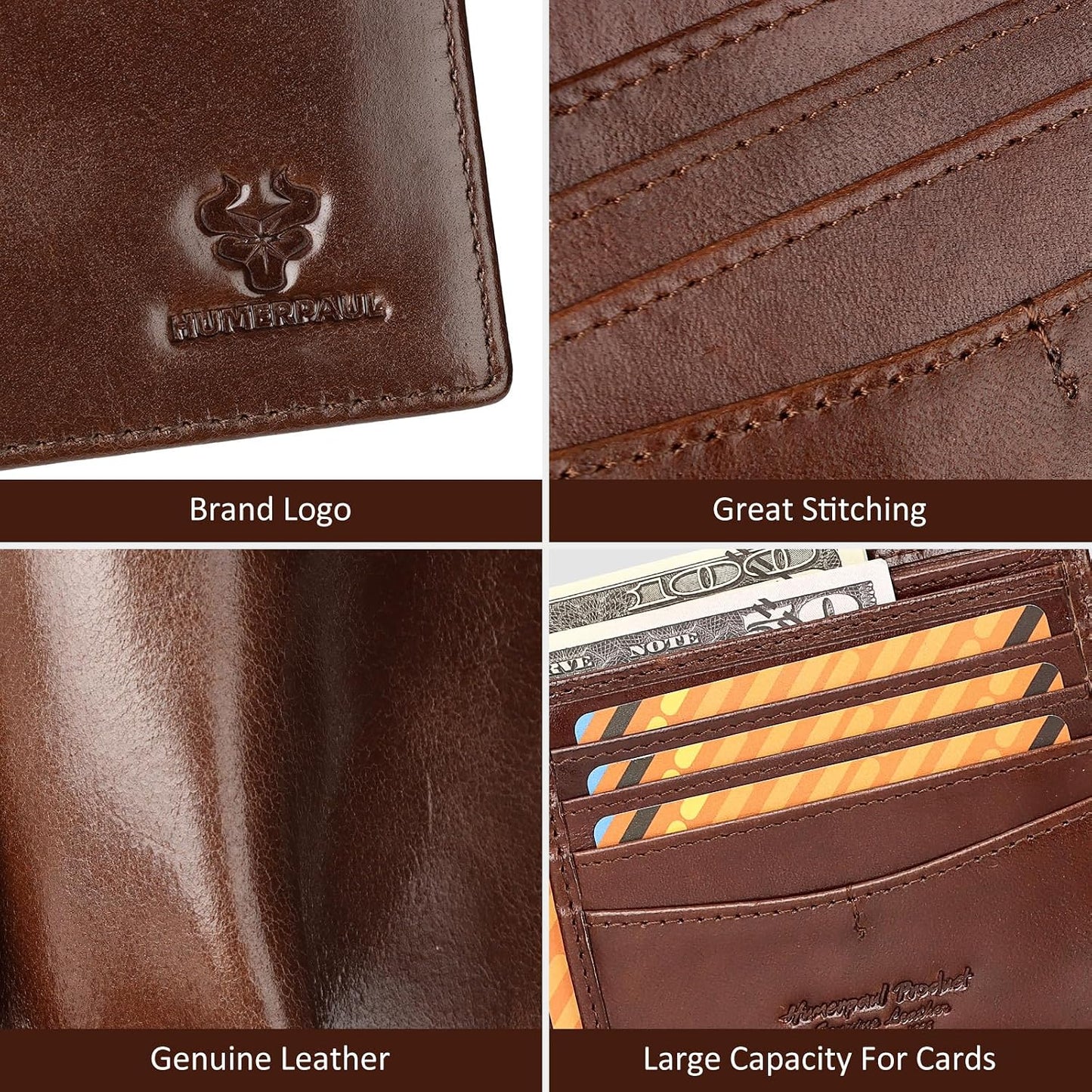Chain Wallets for Men, Genuine Leather Purse RFID Blocking Bifold Wallets with 2 ID Window