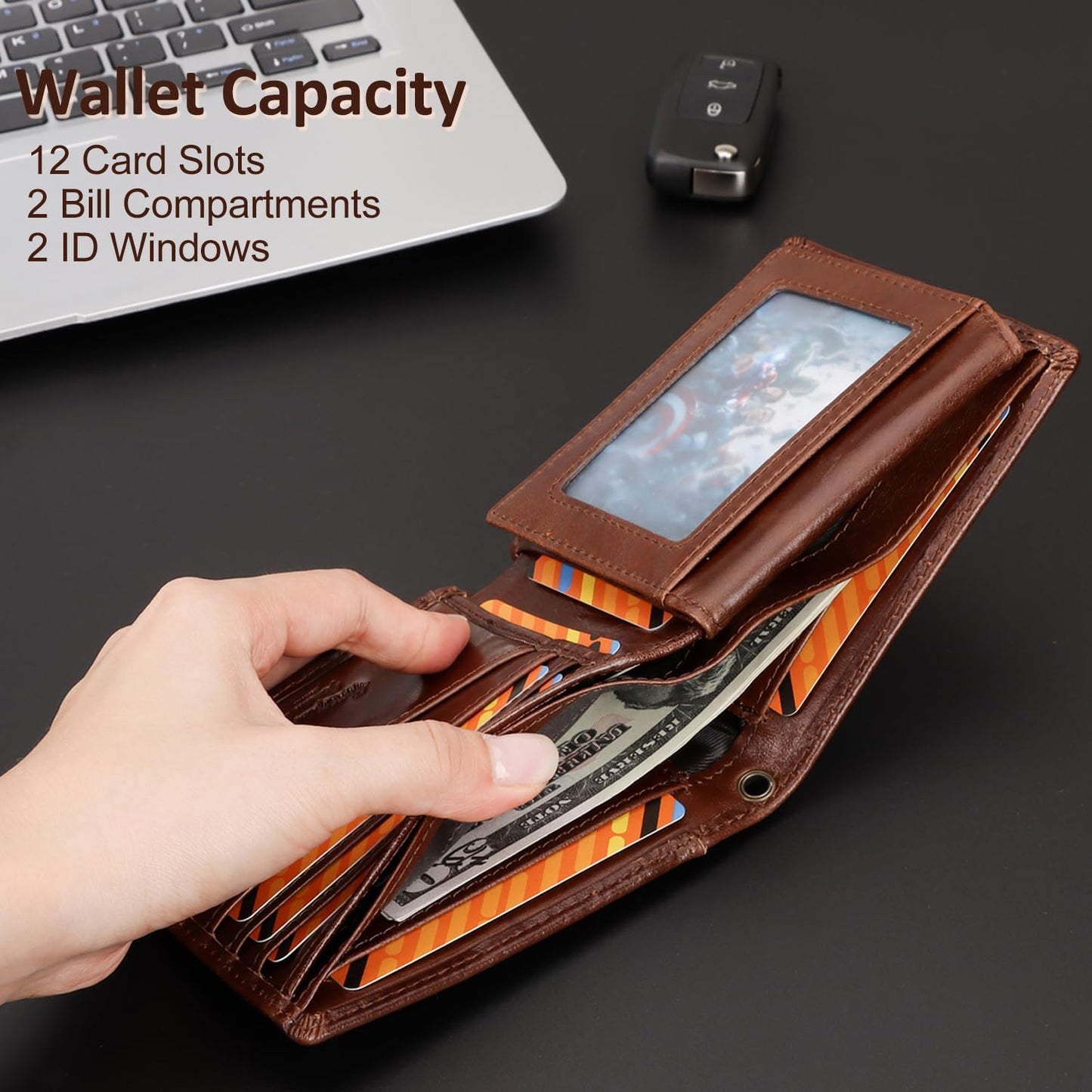 Chain Wallets for Men, Genuine Leather Purse RFID Blocking Bifold Wallets with 2 ID Window