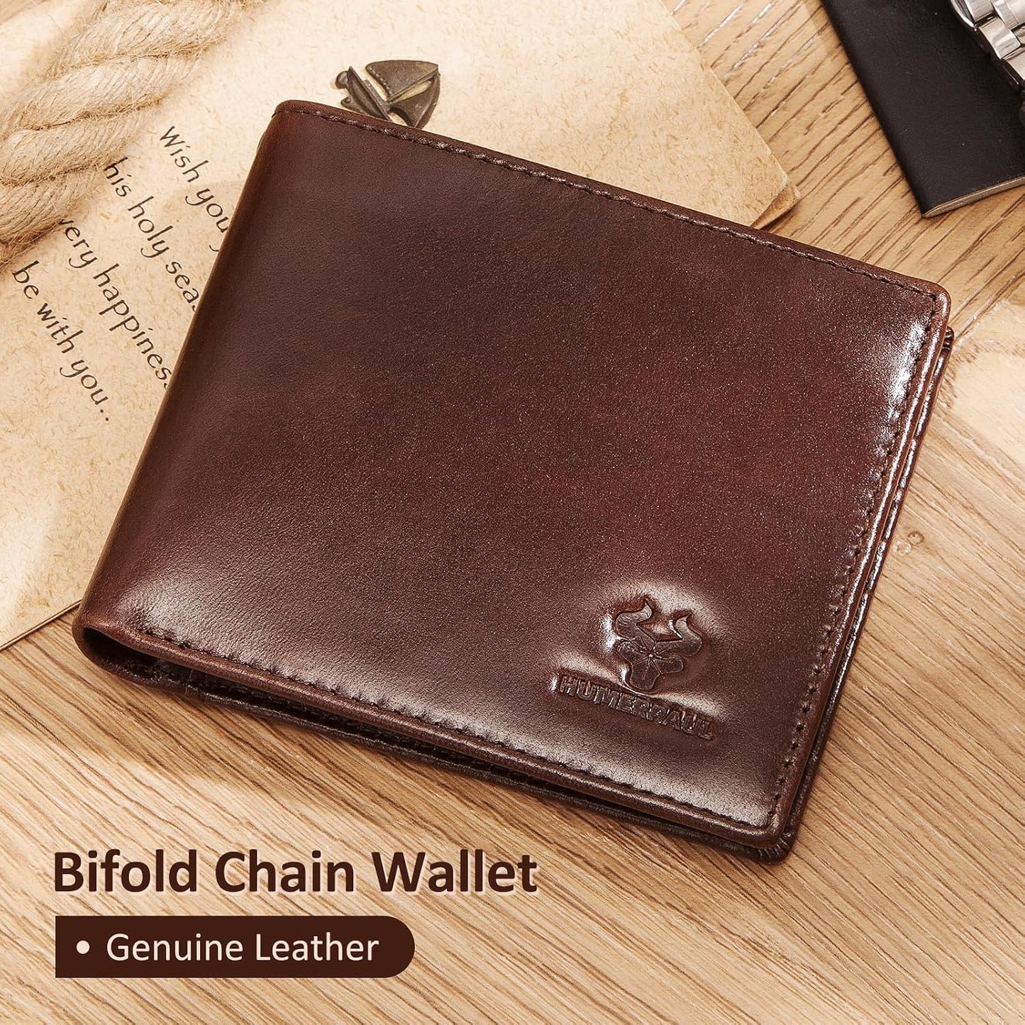 Chain Wallets for Men, Genuine Leather Purse RFID Blocking Bifold Wallets with 2 ID Window