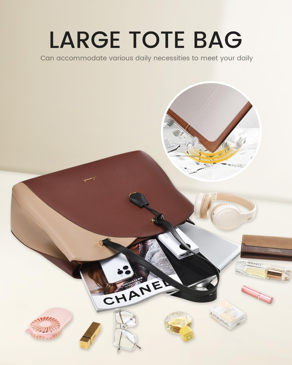 17 Inch Laptop Tote Bag for Women, Work Bags Laptop Bag Teacher Tote Bag, Leather Computer Bag Large Purses Handbag Professional Briefcase, Coffee-Light Brown-Black