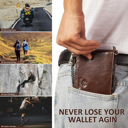 Chain Wallets for Men, Genuine Leather Purse RFID Blocking Bifold Wallets with 2 ID Window