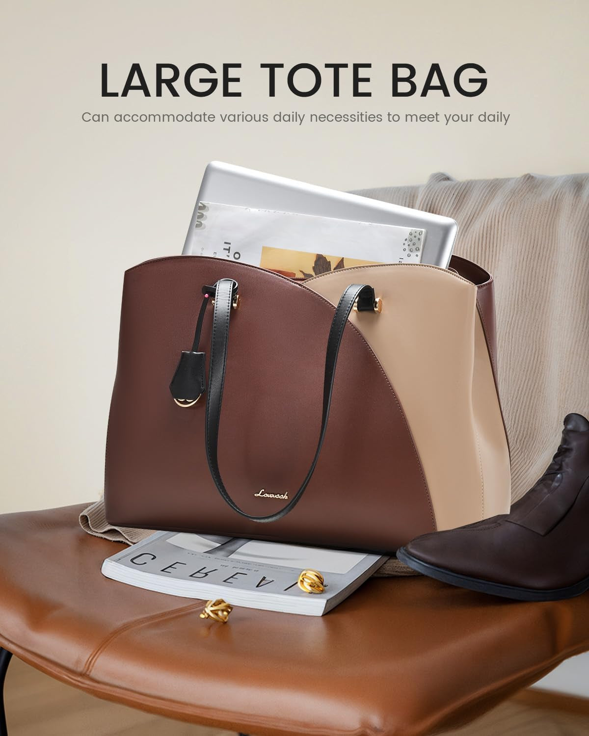 17 Inch Laptop Tote Bag for Women, Work Bags Laptop Bag Teacher Tote Bag, Leather Computer Bag Large Purses Handbag Professional Briefcase, Coffee-Light Brown-Black