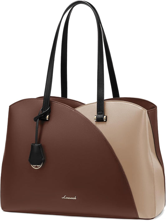 17 Inch Laptop Tote Bag for Women, Work Bags Laptop Bag Teacher Tote Bag, Leather Computer Bag Large Purses Handbag Professional Briefcase, Coffee-Light Brown-Black