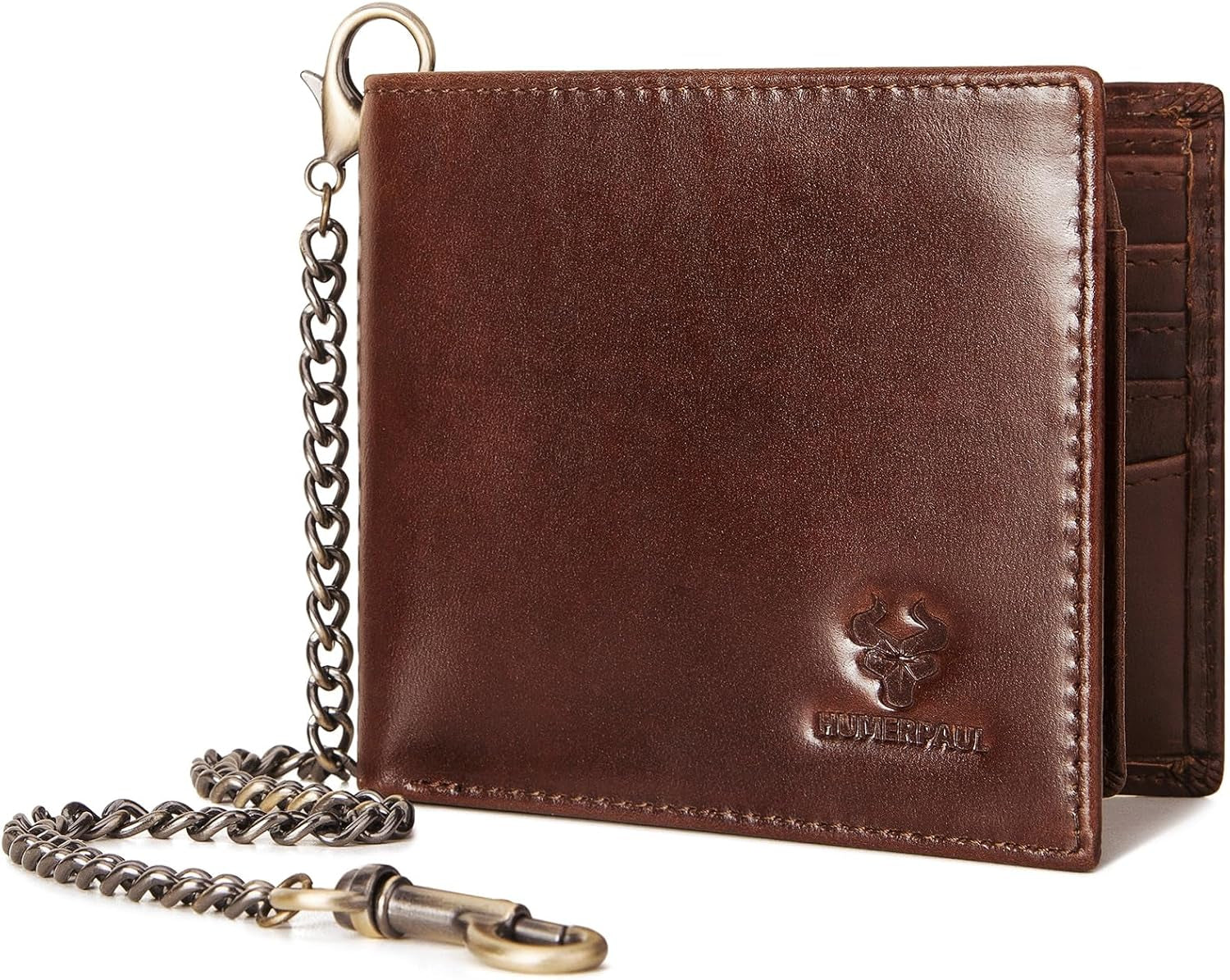 Chain Wallets for Men, Genuine Leather Purse RFID Blocking Bifold Wallets with 2 ID Window