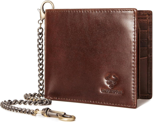 Chain Wallets for Men, Genuine Leather Purse RFID Blocking Bifold Wallets with 2 ID Window
